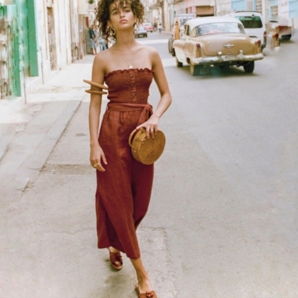 Faithfull The Brand Strapless Smocked Belted Jumpsuit NWoT